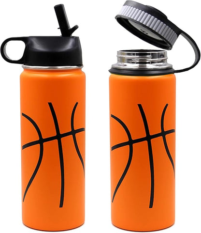 18 oz Basketball Water Bottle, Sports Canteen Metal Travel Tumbler with 2 Lids 18/8 Stainless Steel Double Wall Vacuum Insulated Water Bottles (18oz, Basketball)