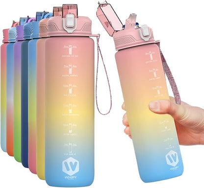 1L Water Bottle with Straw - Leak-Proof & BPA Free Reusable Sports Bottle - Motivational Time Markings for Hydration Durable Drink Bottle for Gym, Sports, Outdoor (Light Pink Yellow and Blue)