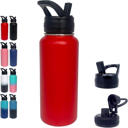 1pack 32 oz Insulated Water Bottle With Straw, Stainless Steel Sports Water Cup Flask with 2 Lids, Wide Mouth Travel Thermal Mug,Red