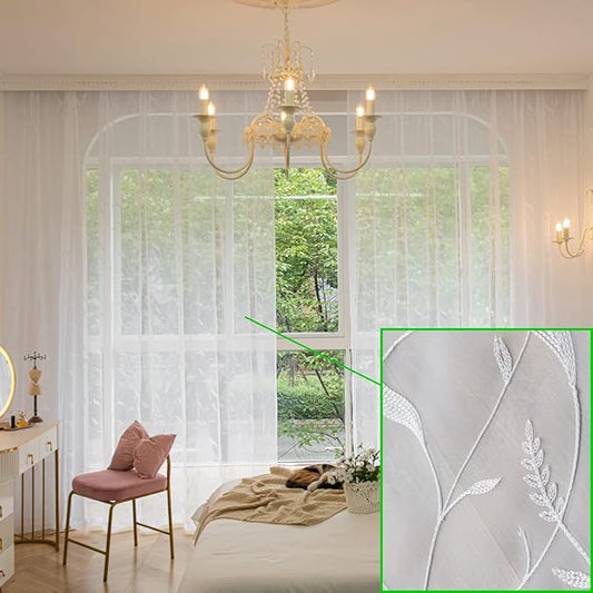 Windows Embroider-Leaf Sheer White Curtains 63 Inches Length 2 Panels Voile Light Filtering Sheer Curtains Panel Basic Rod Pocket Sheer for Bedroom Living Room Children Room Kitchen Yard