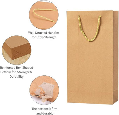 12 Pack 3.7 x 3.5 x 13.8 Wine Bags Bulk Kraft Paper Wine Gift Bags with Handles, Wine Bottle Paper Bags Retail bags for Christmas New Year Holiday Celebrations Birthday Festival Wedding