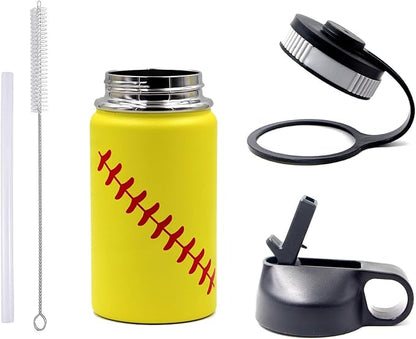 12 oz Softball Water Bottle, Flask Sports with 2 Lids 18/8 Stainless Steel Tumbler Double Wall Vacuum Insulated Hot/Cold (12oz, Yellow Softball)