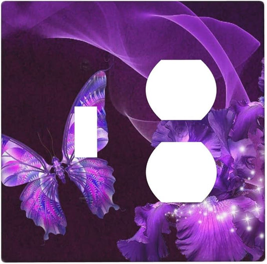 Purple Butterfly Flower Combo Single Toggle 1 Duplex Outlet Light Switch Wall Plate Cover Decorative 2-Gang for Electrical Girls Room Bathroom Bedroom Home Kitchen One Receptacle 4.5" x 4.6"