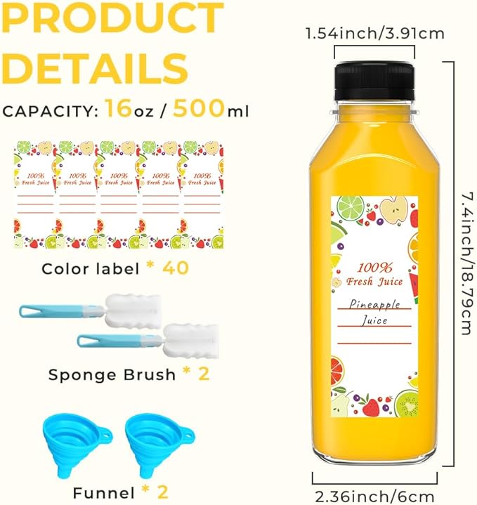 16oz Empty Plastic Bottles with Caps, 35 pcs 500 ml Reusable Bulk Sell of Juice Bottles,Take Out Beverage Containers for Juice, Milk and Other Beverages.