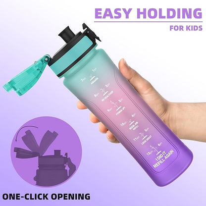 15oz Kids Sports Water Bottles for School with Spout Lid (Green Pink Purple)