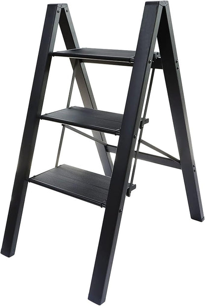 3 Step Ladder, Aluminum Folding Step Stool with Anti-Slip and Wide Pedal, for Library, Kitchen, Office, 330 lbs Capacity, Black