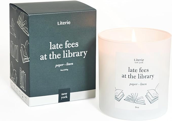 NYC Inspired Scented Candle: Late Fees at The Library - Paper & Linen Scent, 9oz, 50 Hour Burn, Vegan Soy & Coconut Blend Candle for Home Decor, Gift for Women & Men