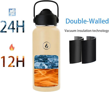 32 OZ Insulated Water Bottle with Straw,Sports Water Bottle Stainless Steel Wide Mouth Bottle for Home,Gym,Travel Outdoor,Beige