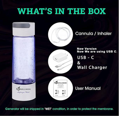 ® - Molecular Hydrogen Water Bottle, 400ml Portable Hydrogen Water Maker, Hydrogen Water Generator with Portable Inhaler Adapter and Self-Cleaning Mode, White Borosilicate