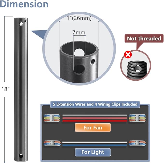 18" Ceiling Fan Downrod, 【1 Outside Diameter】 Black Extended Downrod, including 4 Wire Connectors and 5 Extension Wires (No Threads)