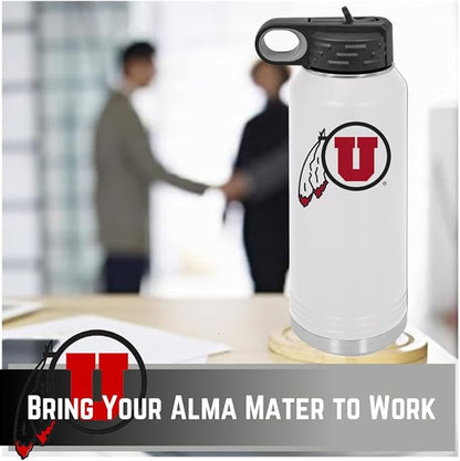 University of Utah 32oz Stainless Steel Double Walled White Beverage Bottle with Flip Straw Spout - College Gear for Playoff Season – For Office, Home or Auto – Show your Utes Pride