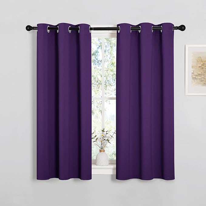 NICETOWN Thermal Insulated Blackout Draperies Curtains, Triple Weave Home Decoration Solid Ring Top Blackout Drape Panels for Bedroom (Set of 2, 34 x 45 inches, Royal Purple)