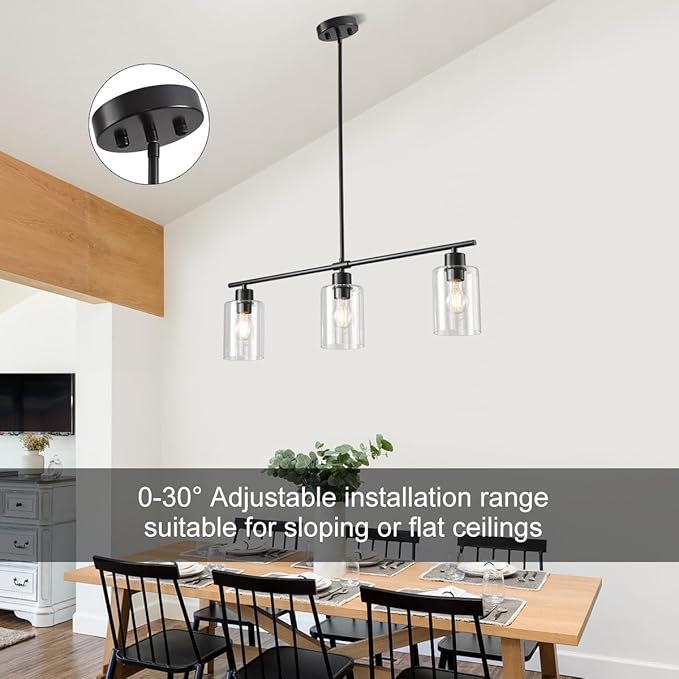 3 Lights Pendant Lighting for Kitchen Island,3 Tier Linear Pendant Chandeliers with 1 Base,Modern Farmhouse Island Light with Clear Glass,Adjustable (Black Island 3 Tier Stem Rod)