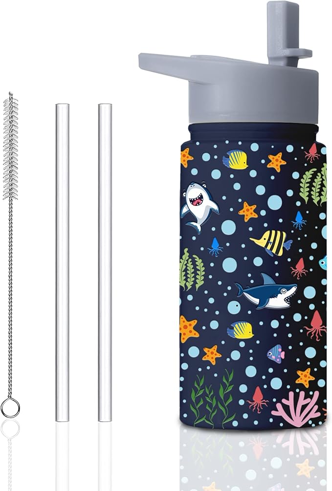 15oz Ocean Shark Insulated Stainless Steel Water Bottle With Straw & Brush,Christmas Birthday Gifts for School Shark, Sea Life - Hand Wash Only