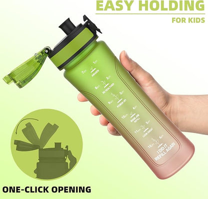 15oz Kids Sports Water Bottles for School with Spout Lid (Green Orange)