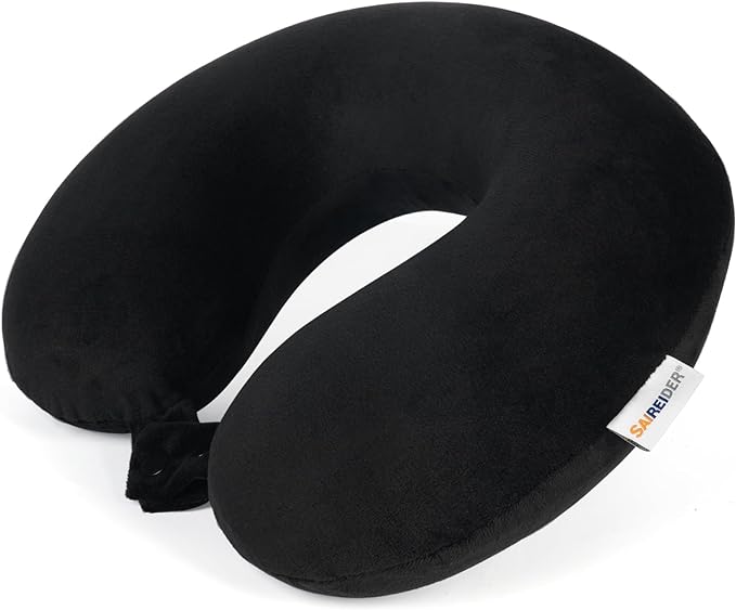 SAIREIDER Travel Pillow 100% Pure Memory Foam Travel Neck Pillow, Airplane Pillow for Traveling、Car、Home、Office，Washable Cover（Black）