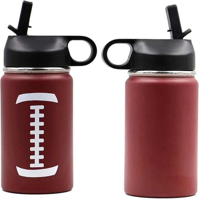 12 oz Football Water Bottle, Flask Sports with 2 Lids 18/8 Stainless Steel Travel Tumbler Double Wall Vacuum Insulated Hot/Cold (12oz, Football)