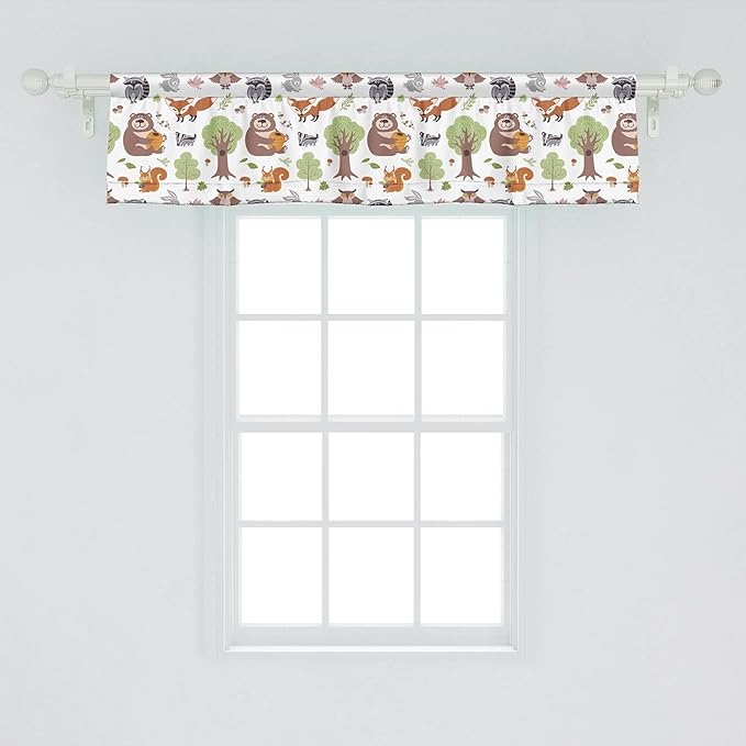 Ambesonne Forest Window Valance, Doodle Woodland Creatures as Honey Bear Rabbit Fox and Raccoon in Nature Habitat, Curtain Valance for Kitchen Bedroom Decor with Rod Pocket, 54" X 12", Coffee Brown