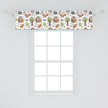 Ambesonne Forest Window Valance, Doodle Woodland Creatures as Honey Bear Rabbit Fox and Raccoon in Nature Habitat, Curtain Valance for Kitchen Bedroom Decor with Rod Pocket, 54" X 12", Coffee Brown