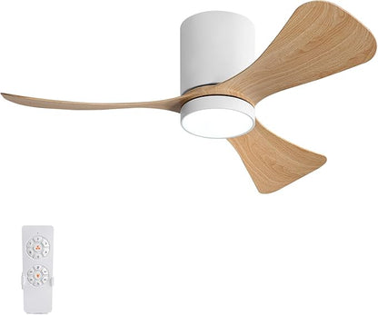 42 Inch Low Profile Ceiling Fan with Lights, Modern Flush Mount Ceiling Fan, 3 ABS Blades, 6-Speed, Reversible DC Motor, Noiseless, for Indoor/Outdoor Kitchen Bedroom, White+Wood