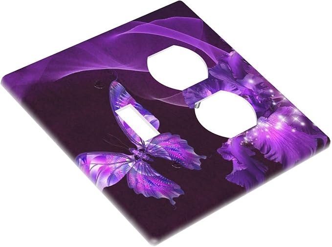 Purple Butterfly Flower Combo Single Toggle 1 Duplex Outlet Light Switch Wall Plate Cover Decorative 2-Gang for Electrical Girls Room Bathroom Bedroom Home Kitchen One Receptacle 4.5" x 4.6"