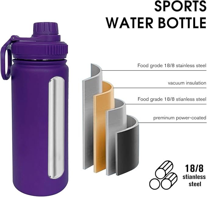 18oz Insulated Water Bottle ，Stainless Steel Sports Water Cup Flask with 2 Lids, Wide Mouth Travel Thermal Mug,Outdoor Sports Bottle（Purple）