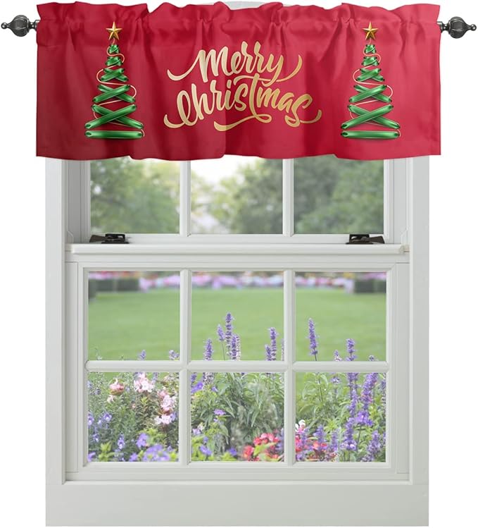 Vandarllin Merry Christmas Kitchen Curtains Valances for Windows Christmas Tree Rod Pocket Window Treatment for Kitchen/Living Room/Bedroom/Bathroom,42" X 18" -1 Panel, Winter Holidays