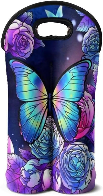 doginthehole Butterfly Rose Wine Bag Insulated Sleeve Portable Neoprene Wine Tote Holders Hippie Wine Carrier Bag for Wine/Beer/Cans/Water Protector for Home Travel and Picnic