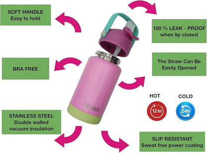 12oz Kids Water Bottle with Straw Lid | 100% Leak Proof | Insulated Stainless Steel Double Walled Thermos | BPA and Sweat free | Hot & Cold (Bubblegum)