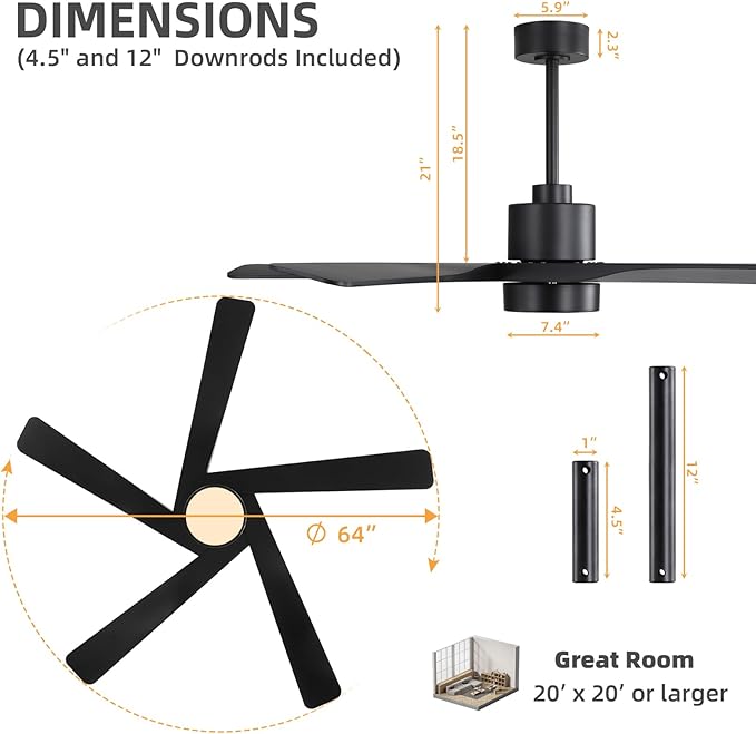 WINGBO 64" ABS DC Ceiling Fan with Lights, 5 Blade ABS Plastic Ceiling Fan with Remote, 6-Speed Reversible DC Motor, LED Ceiling Fan for Kitchen Bedroom Living Room, Matte Black