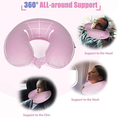 SAIREIDER Travel Neck Pillow 100% Pure Memory Foam Airplane Pillow for Head Support,Soft Adjustable Pillow for Plane, Car & Home Recliner with Storage Bag (Pink)