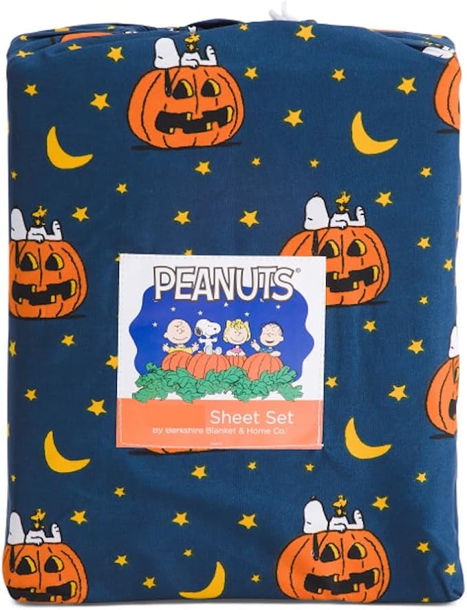 Berkshire Blanket & Home Co. Peanuts Halloween Fall Themed Sheet Sets (Blue - Moons & Pumpkins, Queen)