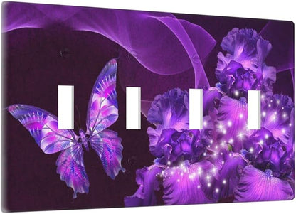 Purple Butterfly Flower Quad Toggle Light Switch Wall Plate Cover Decorative 4-Gang for Girls Room Bathroom Bedroom Home Kitchen Four Lightswitch Polycarbonate 4.5" x 8"