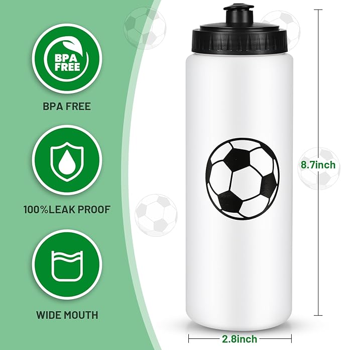 12 Pack Bulk Soccer Sports Water Bottle with 12 Pack Sticker Gift Set, Squeeze BPA-Free Reusable Water Bottles for Soccer Team Party Favors Gift（20OZ）