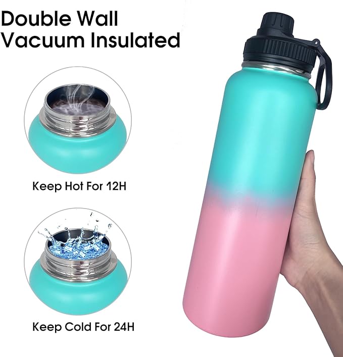 1pack 40 oz Insulated Water Bottle With Straw, Stainless Steel Sports Water Cup Flask with 2 Lids, Wide Mouth Travel Thermal Mug,Pink gradient