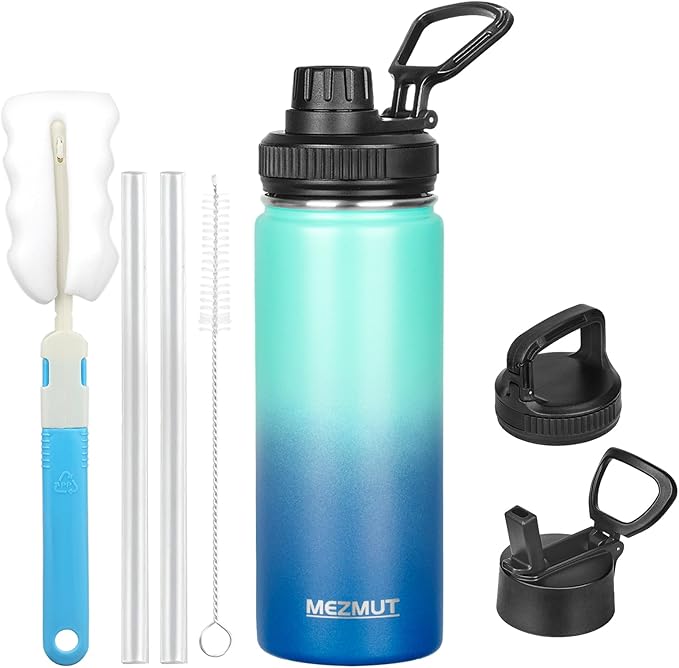 18oz Insulated Water Bottle with Straw&3 Lids Stainless Steel Water Bottles Kids Metal Thermos Water Bottle Cup for School Vacuum Insulated Bottles Leak-Proof Travel Thermal (Gradient Blue)