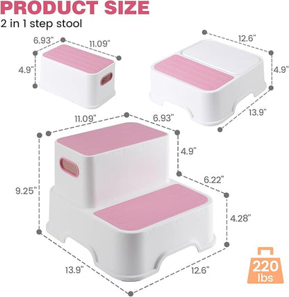 Toddler Step Stool for Bathroom Sink - 2 Step Stools for Kids, Non-Slip Double up Baby Child Toddler Stepping Stool for Potty Training, Kitchen, Bedroom, Toilet Step Stool for Kids (2 Pack, Pink)