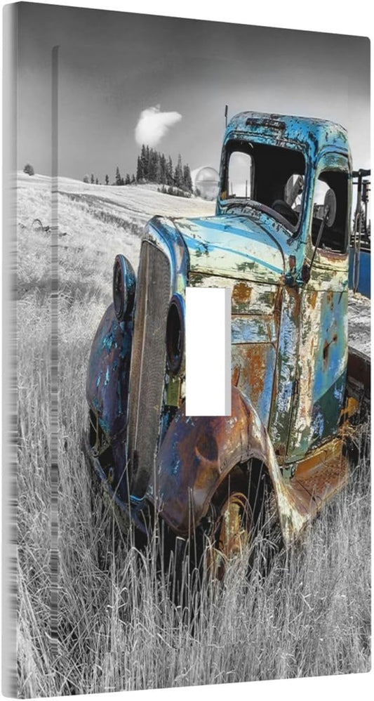 Vintage Country Old Blue Truck 1 Gang Light Switch Cover Decorative Rustic Automobile Single Toggle Wall Plate Switchcovers Electrical Switchplate Home Decor for Bathroom Living Room Decorate