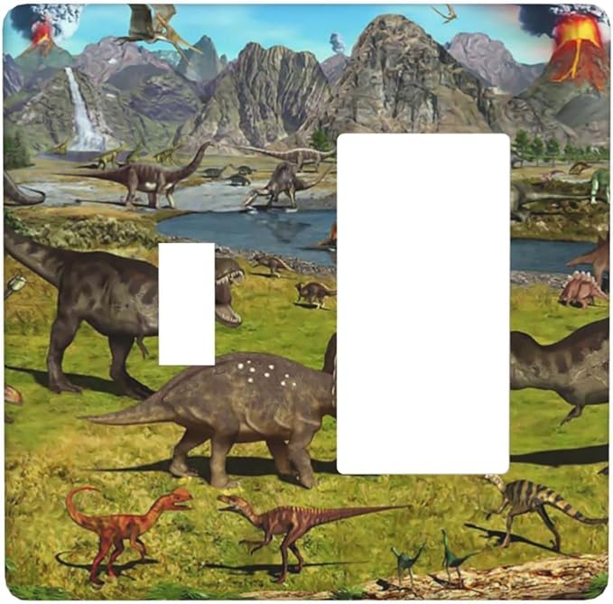 Cute Dinosaur Combo Single Toggle 1 Rocker Light Switch Wall Plate Cover Decorative 2-Gang for Electrical Outlets Boys Kids Room Bathroom Bedroom Home Kitchen One Decora Receptacle 4.5" x 4.6"