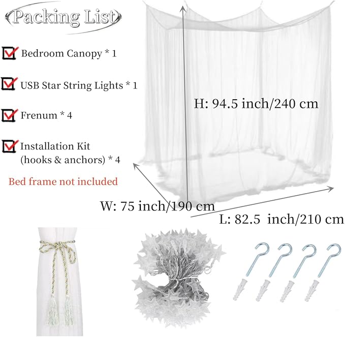 Bed Canopy Mosquito Net for Bed, Canopy Bed Curtains for Twin Full Size, 4 Corner Post Bedroom Canopy for Kids Adults, Square Bed Drapes Home Decor (White-Light)