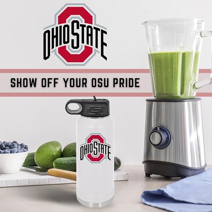 Ohio State University 32oz Stainless Steel Double Walled White Beverage Bottle with Flip Straw Spout - College Gear for Playoff Season – For Office, Home or Auto – Show your Buckeye Pride