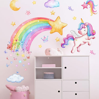 Colorful Wall Decals Set - Rainbow, Moon & Stars, Unicorn Designs - 30x60cm Sheets - Easy Peel & Stick for Home Decor