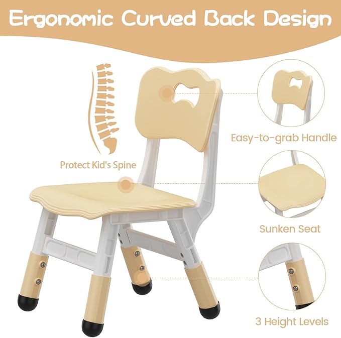 Adjustable Kids Chair (2pcs), 3 Level Height Adjustable Toddler Chair, Plastic Indoor Outdoor Child Chair for Children Age 2-8 Family School Home Daycare Use, Beige