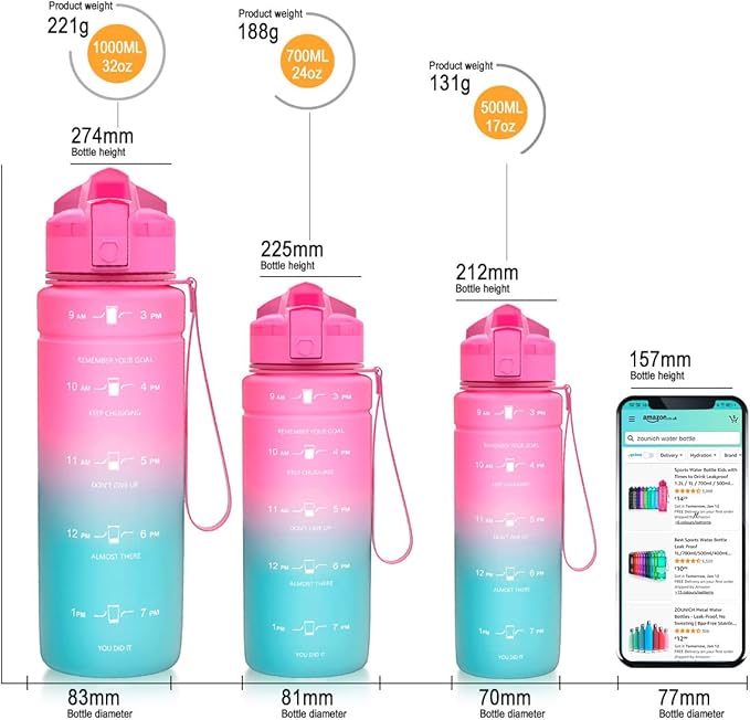 ZOUNICH Tritan BPA Free Water Bottle with Time Marker - 32oz/24oz/17oz Leakproof Motivational Sports Water Bottles to Ensure You Drink Enough Water Throughout The Day for Fitness and Outdoor Activity