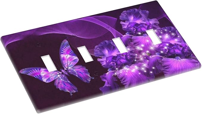 Purple Butterfly Flower Quad Toggle Light Switch Wall Plate Cover Decorative 4-Gang for Girls Room Bathroom Bedroom Home Kitchen Four Lightswitch Polycarbonate 4.5" x 8"