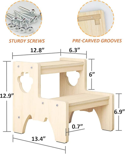 Wooden Toddler Step Stool for Kids, Bowdanie Two Step Stool Adults with 4 Non-Slip Pads and 2 Carpets, Wood Stepping Stool for Bathroom Sink, Kitchen Stools & Potty Training Bedroom Home Use (Natural)