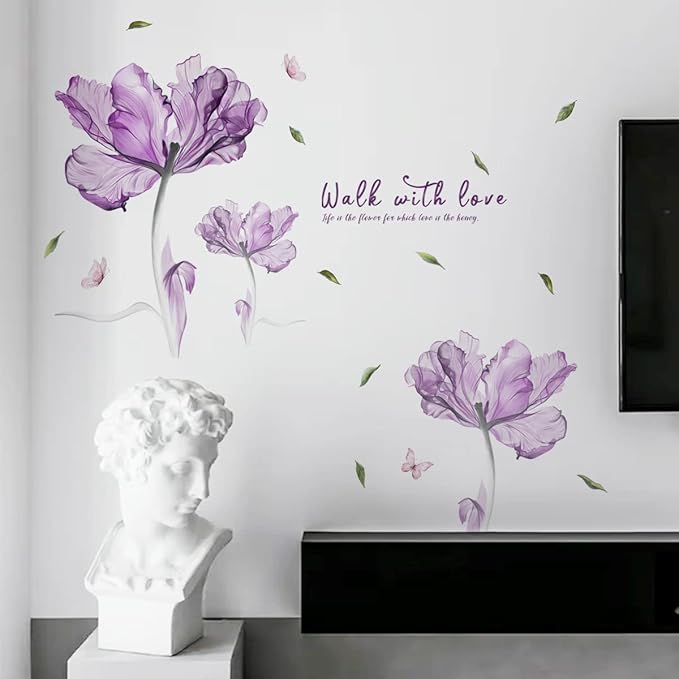 "Walk into Love" 3D Purple Flower Wall Stickers - 60cm x 23.6in Vinyl Decor for Home, Bedroom, Living Room, Office, Bathroom - 2 Sheets of 30cm x 90cm