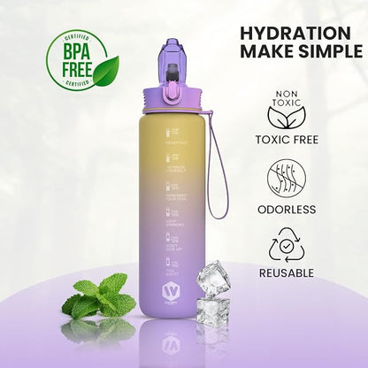 1L Water Bottle with Straw - Leak-Proof & BPA Free Reusable Sports Bottle - Motivational Time Markings for Hydration Durable Drink Bottle for Gym, Sports, Outdoor (Yellow and Purple)