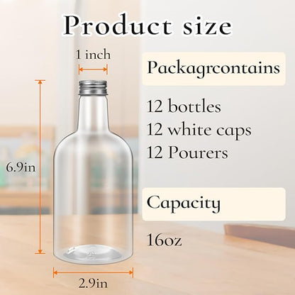 16 Oz Plastic Bottles with Pourer and Caps Plastic Juice Pour Bottles with Stainless Steel Bottle Pourer Tapered Spout for Liquor Juice Store Syrup Bottles Pourers (12 Sets)