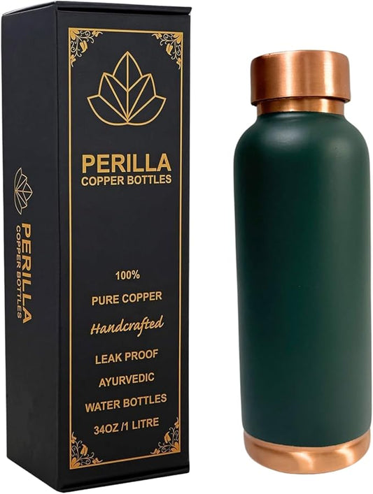 Perilla Home Plain Copper Water Bottle 23.66 OZ Leak Proof 100% Pure Ayurvedic Copper Vessel with Lid - Drink More Water and Enjoy Health Benefits Yoga/Gym Bottle (Green)